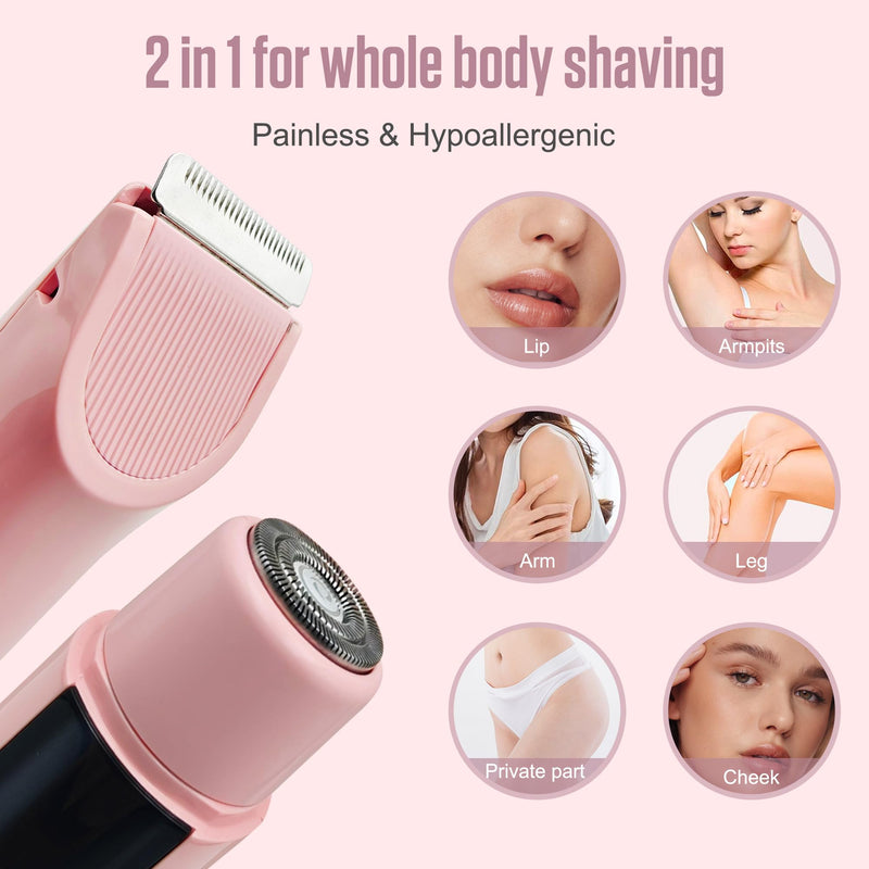 [Australia] - 2 in 1 Bikini Trimmer for Women Dual Head Electric Shaver,IPX7 Waterproof Wet & Dry, Painless Shaver for Body Face Private Area Pink Pink（new Version） 