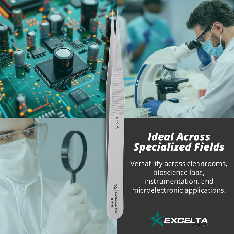 Excelta 64-SA Precision Tweezers, Straight Fine Tip, 4.75" Anti-Magnetic 316L Neverust Stainless Steel, Serrated Handle, ESD-Safe, Swiss-Made Tool for Electronics, Lab Use, Cleanroom & Forensics 4.75" Tweezer, Straight Very Fine Points