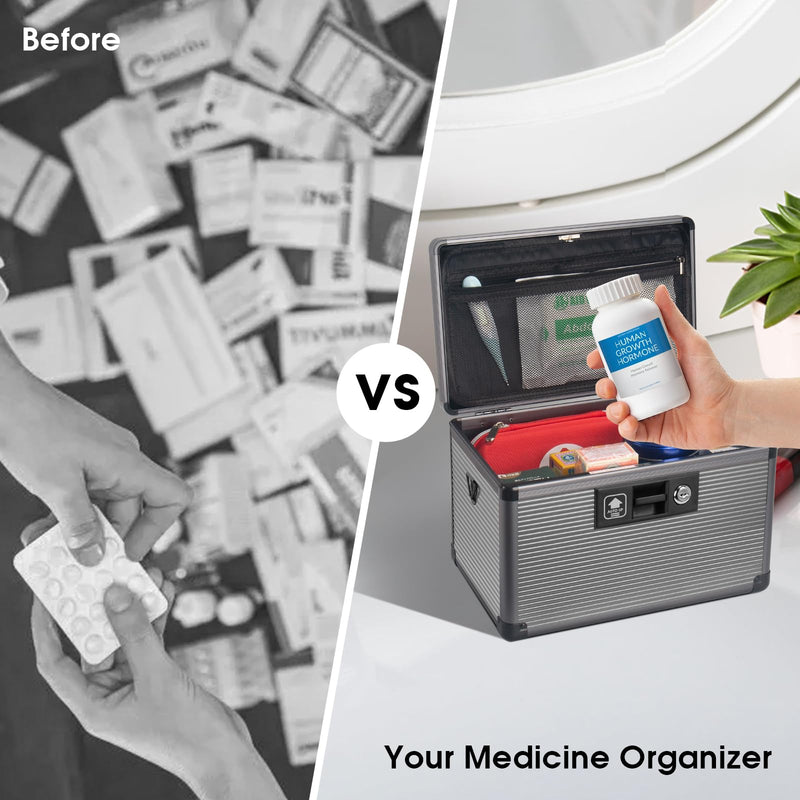 [Australia] - Medicine Lock Box with Key, Alluminum Alloy Box for Medication,First Aid Box with a Removeable Tray to Store Medicines & Pills for Home, Black 12 * 7.68 * 7.87 Inch Medium-12inch 