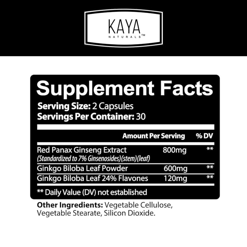 [Australia] - Kaya Naturals Red Panax Ginseng + Ginkgo Biloba | Nootropic Brain Supplement | Cognitive and Concentration Support | Brain Booster, Focus, and Memory Supplement | 60 Capsules 60 Count (Pack of 1) 
