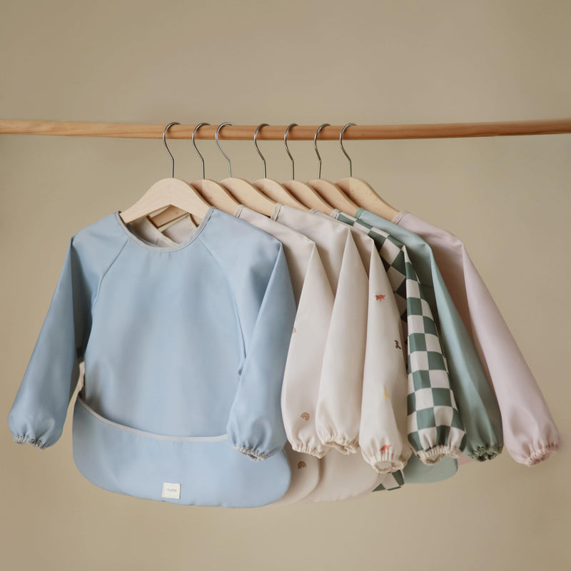 [Australia] - mushie Long Sleeve Baby Bib | Mess Free & Waterproof Fabric for Toddlers | Adjustable Fit for Ages 6-24 Months Olive Check 