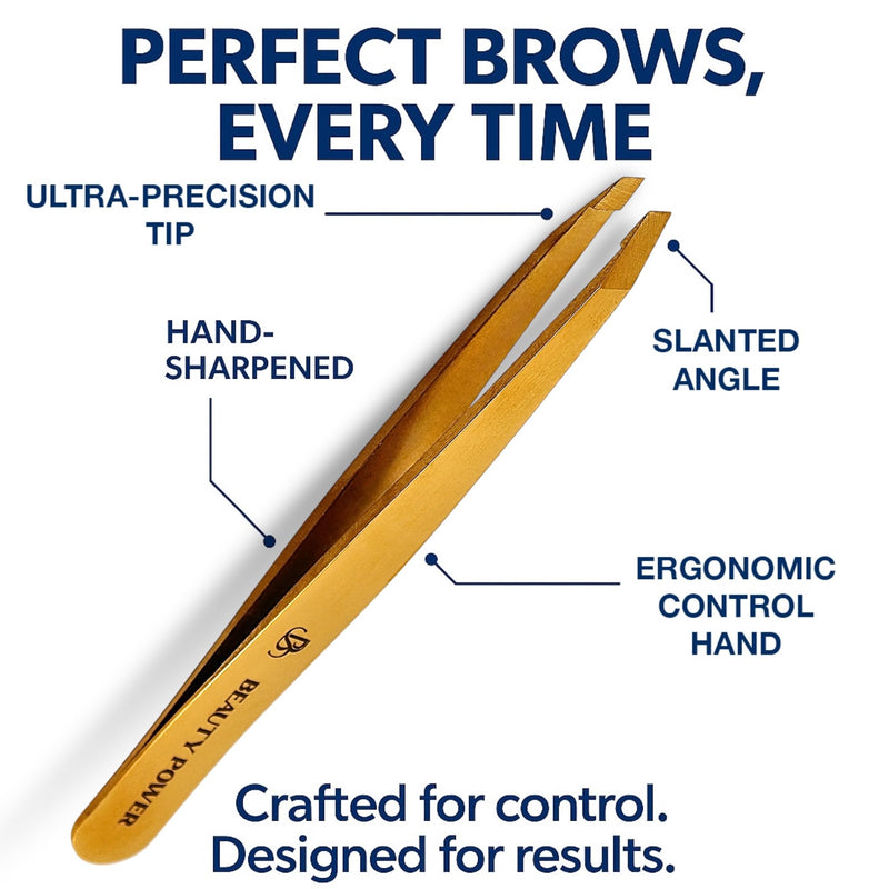 Professional Tweezers in Case - Slant, Durable Lightweight German Stainless Steel, Ultra Precision Tweezers for Eyebrows, Facial Hair, Chin, and Ingrown Hair Removal - Gift (Gold) Gold