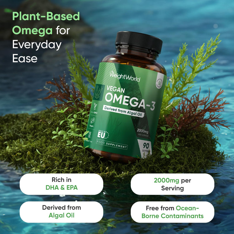 Vegan Omega 3 Supplement - 2000mg per Serving - 90 Softgels - 45 Days Supply - Derived from Algal Oil - 2 Softgels a Day - DHA and EPA-Rich Oil - Omega-3 Nutritional Supplements