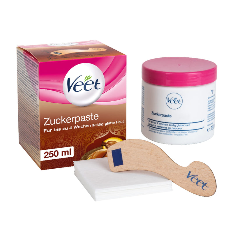 [Australia] - Veet Pure sugar paste with vanilla blossom scent - sugaring paste for hair removal on the body and face - 1 x 250 ml including wooden spatula and fabric strips 