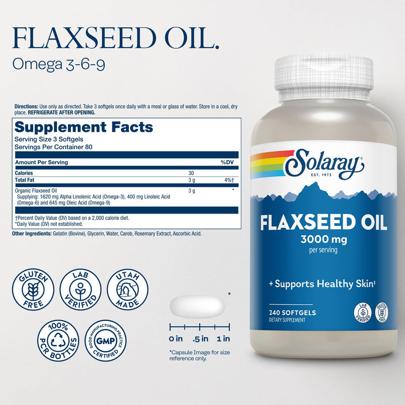 [Australia] - SOLARAY Flaxseed Oil 3000 mg with Omega 3 6 9, Flax Seed Softgels for Skin Health, Triple Omega Supplement, Non-GMO, Gluten Free, Lab Verified - 60-Day Guarantee - 80 Servings, 240 Softgels 240 Count (Pack of 1) 