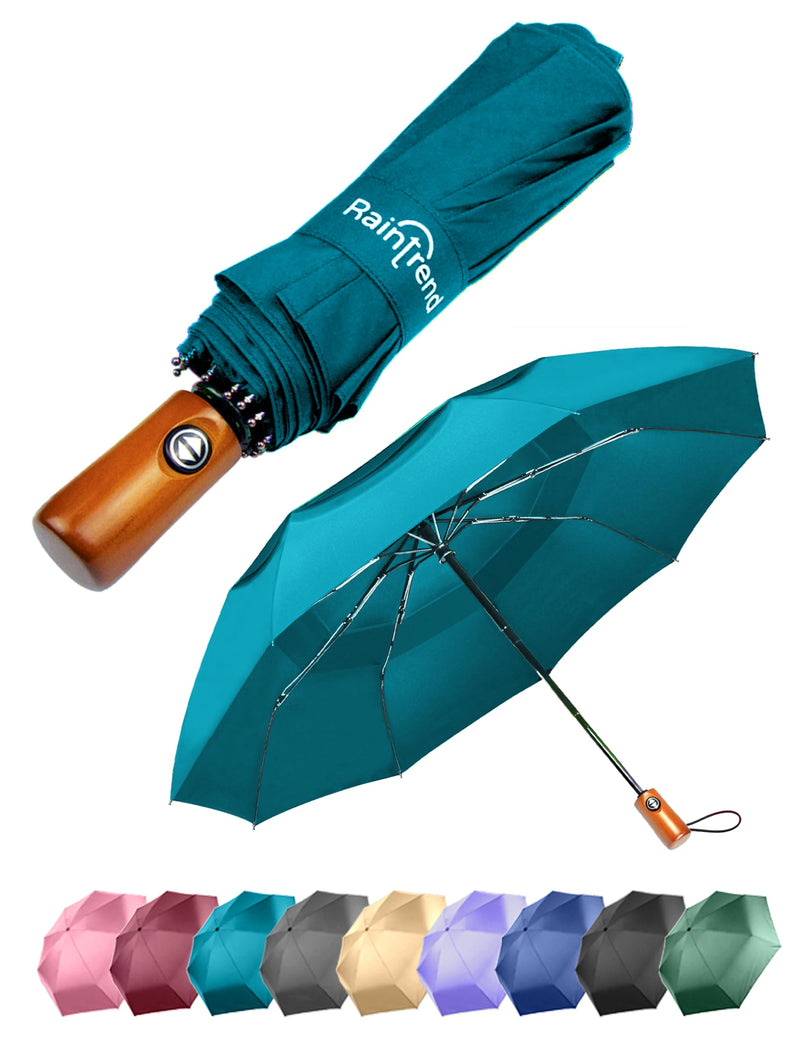 Raintrend 2 Pack Umbrellas for Rain Windproof Travel Teal and Burgundy Umbrella - Large Double Canopy but Compact Folding Portable - Automatic Strong Wind Resistant Construction