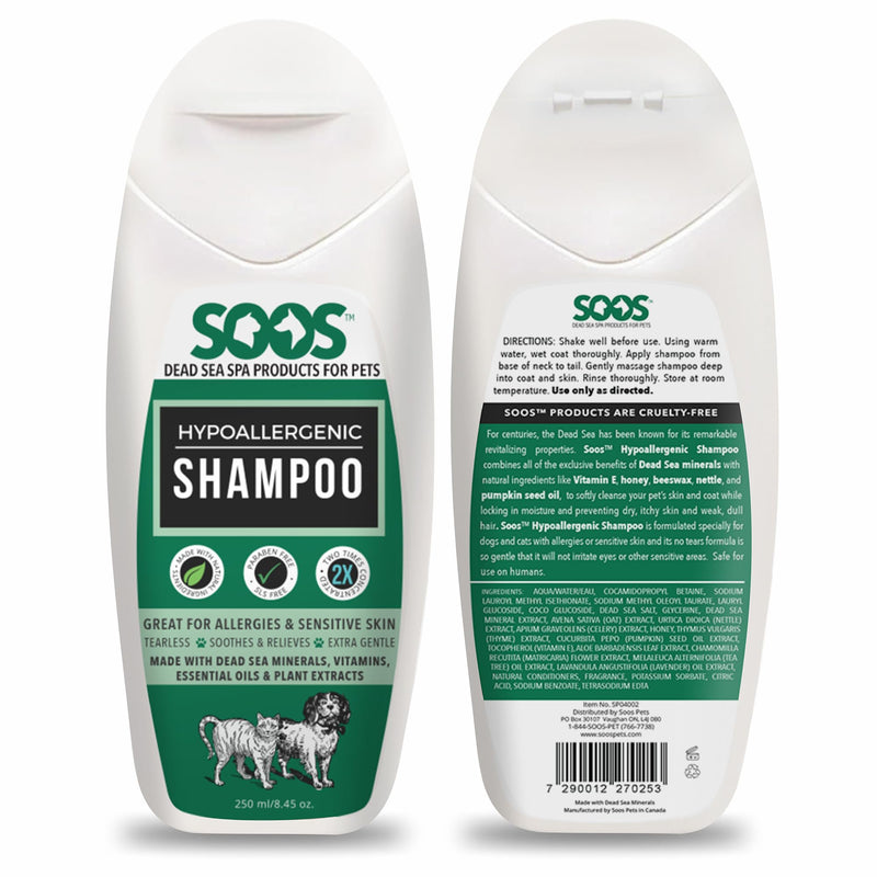 Soos Pet Shampoo Hypoaller-genic Cat and Dog Shampoo Natural Dead Sea Minerals Fast Absorbing Soothes Skin Irritation with Vitamins Essential Oils - 1 Pack (250ml) - PawsPlanet Australia