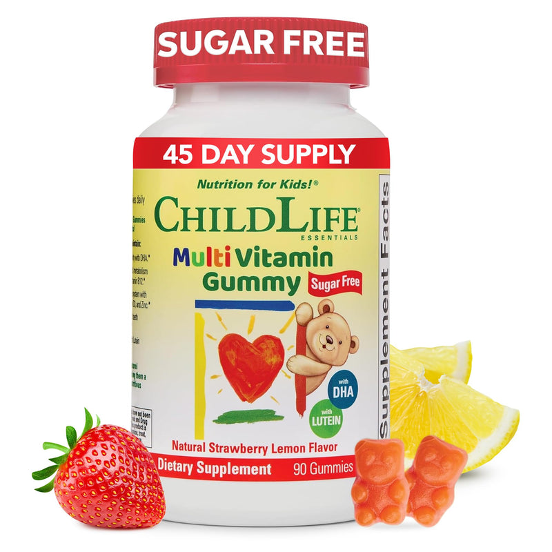 [Australia] - CHILDLIFE ESSENTIALS Multivitamin Gummies for Kids - Children's Vitamins, Kids Multivitamins with DHA, Sugar Free - Natural Strawberry, 90 Count 