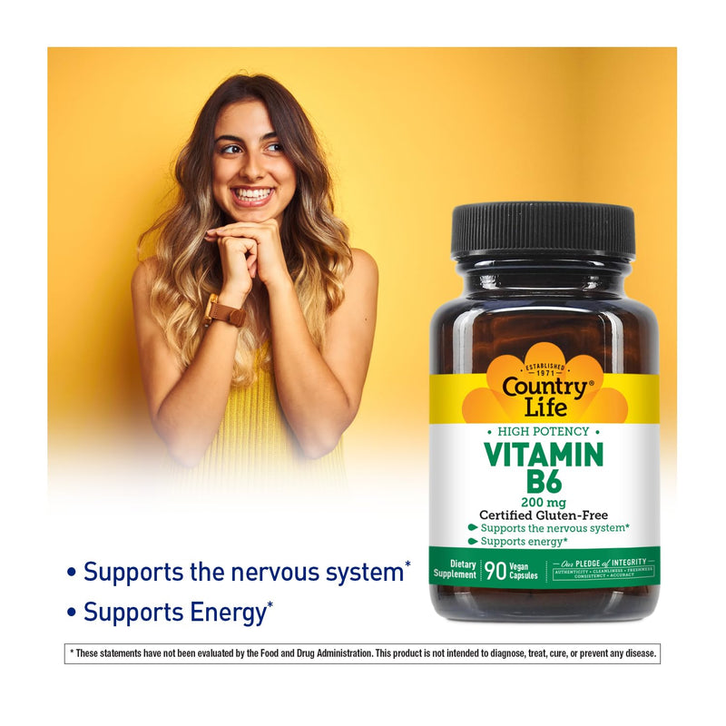 Country Life Vitamin B-6, High Potency, Supports Energy and The Nervous System, 200mg, 90 Vegan Capsules, Certified Gluten Free, Certified Vegan, Certified Halal… (Pack of 2) B-6 Unflavored 90 Count (Pack of 2)