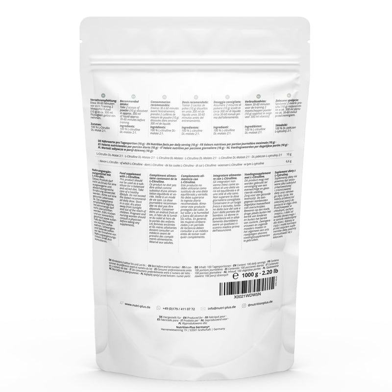 [Australia] - Nutri + L-Citrulline Malate powder 1 kg - high dose vegan + pure - L-Citrulline Malate DL 2:1 1000 g - premium quality from plant-based fermentation 