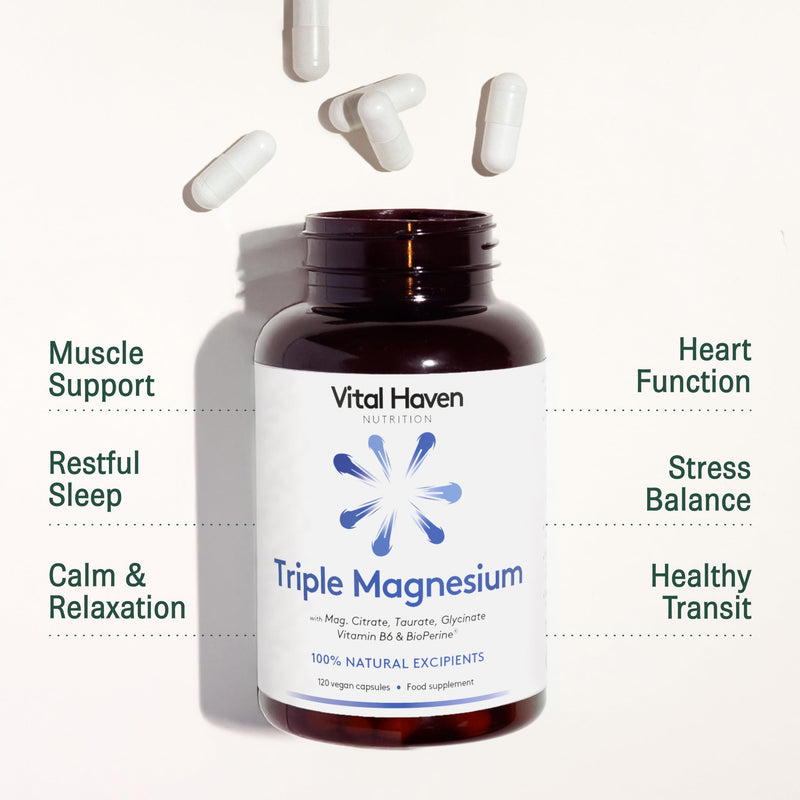 Magnesium Supplement - Citrate + Glycinate + Taurate with Vitamin B6 and BioPerine - 2 Capsules - UK Made 120 count (Pack of 1)