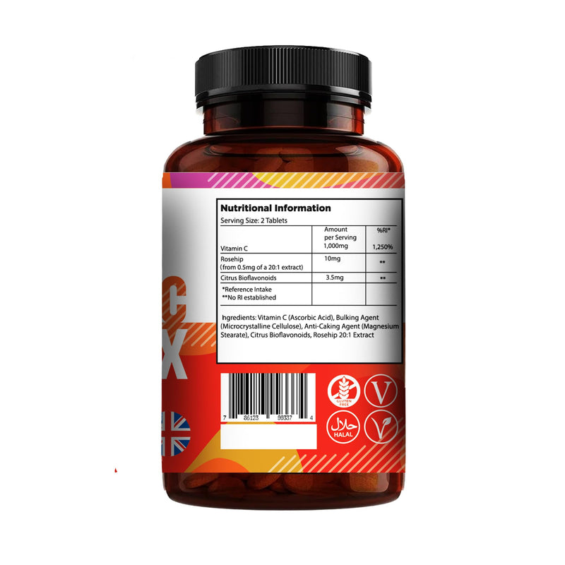 Vitamin C 1000mg per Tablet, High Strength 180 Premium Tablets, Food Supplement, 6 Month Supply - Vegan - Halal Vitamins - Made in UK - By Halo Nutrition