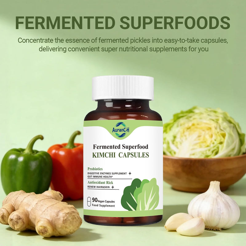 Daily Capsules of Premium Fermented Kimchi - Kimchi Powder 90 Vegan Capsules Natural Nutritional Supplement - Probiotics for Gut Health & Immune Support – Enhance Energy, Focus, Skin and Hair Health