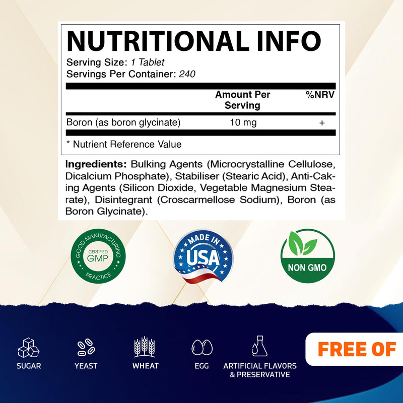 Vitamatic Chelated Boron (as Glycinate) 10mg 240 Tablets - Supports Hormone Balance, Bone Health & Connective Tissue