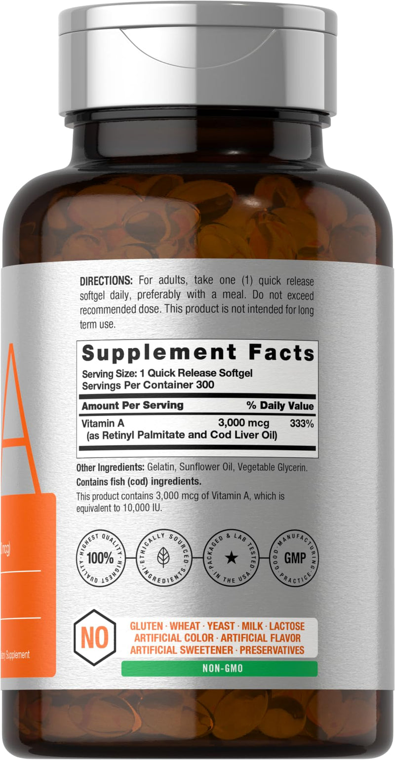 Horbäach Vitamin A 10000 IU Softgels | 300 Count | Non-GMO, Gluten Free Supplement