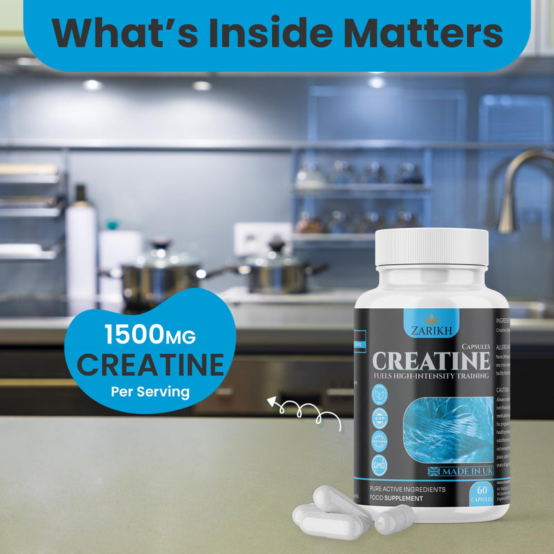 Creatine monohydrate Capsules | Supports Lean Muscle Mass, Recovery, Energy & Performance | Unflavoured creatine Capsules for Men & Women | 1500mg creatine per Serving | 60 Capsules | UK Made
