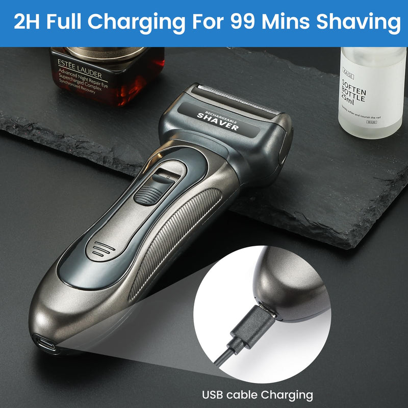 [Australia] - Electric Razor for Men, 3-in-1 Nose Hair Trimmer with Foil Face Shaver, Waterproof Wet & Dry Electric Razor for Smooth Skin with 60min Battery Runtime, USB-C Fast Rechargeable 