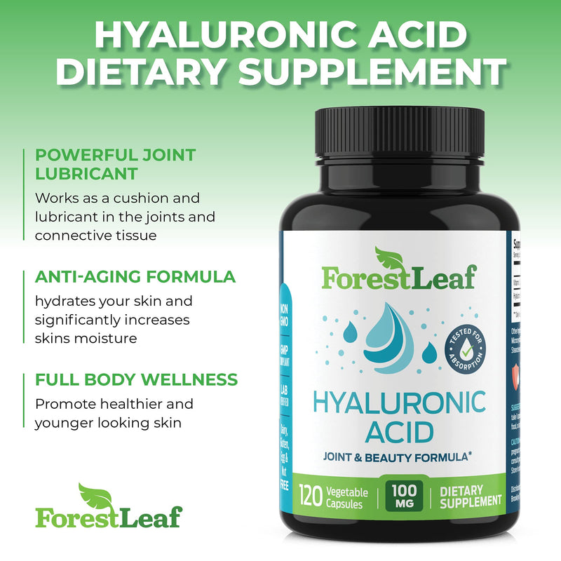 [Australia] - ForestLeaf - Hyaluronic Acid Supplements - 120 Vegetable Capsules - 100mg Dietary Hyaluronic Acid + 50mg Vitamin C Joint & Anti Aging Beauty Formula - Supports Skin Hydration, Joints, Bones & Hair 