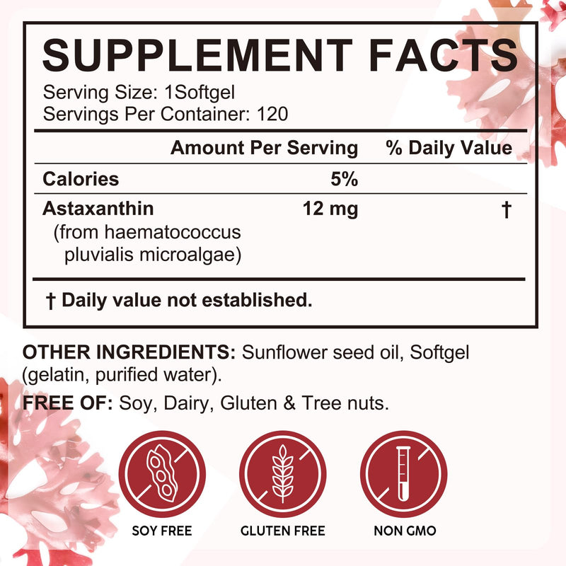 [Australia] - Astaxanthin Supplements 12mg 120 Softgels, Premium Astaxanthin Antioxidant Supplement, Supports Eye, Skin, Joint, Brain, Heart & Immune System Health, Fresh Microalgae Source, Non-GMO & No Gluten 