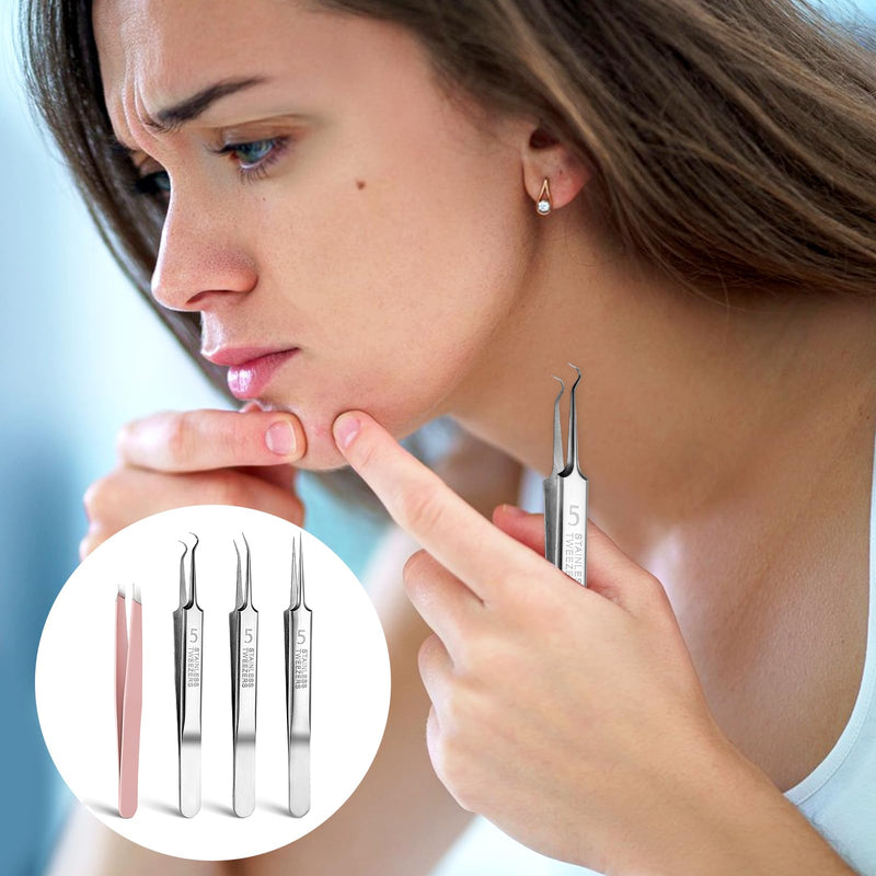 [Australia] - 3 pieces of tweezers for removing blackheads and 1 piece of tweezers for ingrown hairs, precision blackhead pimple extractor for pimples, whitehead tweezers, eyelash tweezers with curved tip 