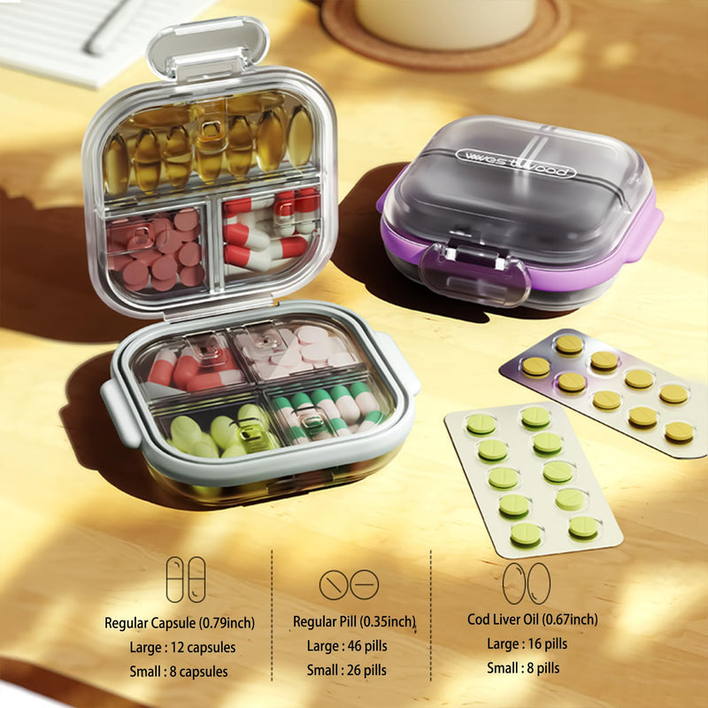 Travel Pill Organizer, Portable Pill Case - Pre-Labeled 7 Compartments | 7 Organized Slot(6 Small + 1 Large) for Daily Pills, Secure Double-lock, Pocket Purse Organizer for Vitamins Medicine, Purple
