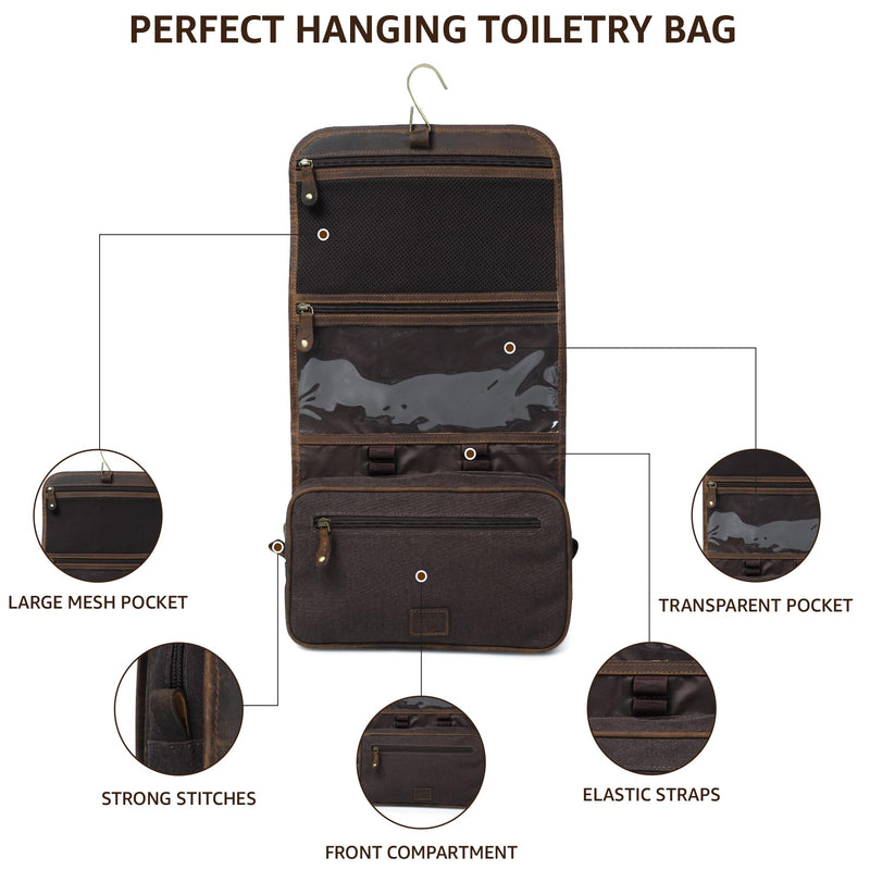LEATHER VILLAGE Hanging Leather Toiletry Bag for Men, Dopp Kit, Brown | Genuine Buff Leather, 11X7 In Folded & 20X11 In Open, Ykk Zippers, Brass Hook,Water Resistant Canvas Lining, For Men & Women