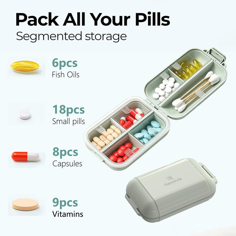 7 Compartments Travel Pill Organizer, Foldable Portable Airtight Pill Box | Weekly Medicine Pill Organizer,Travel Size Storage Containers,Waterproof Medicine Vitamin Container for Travel Camping(Green) Green