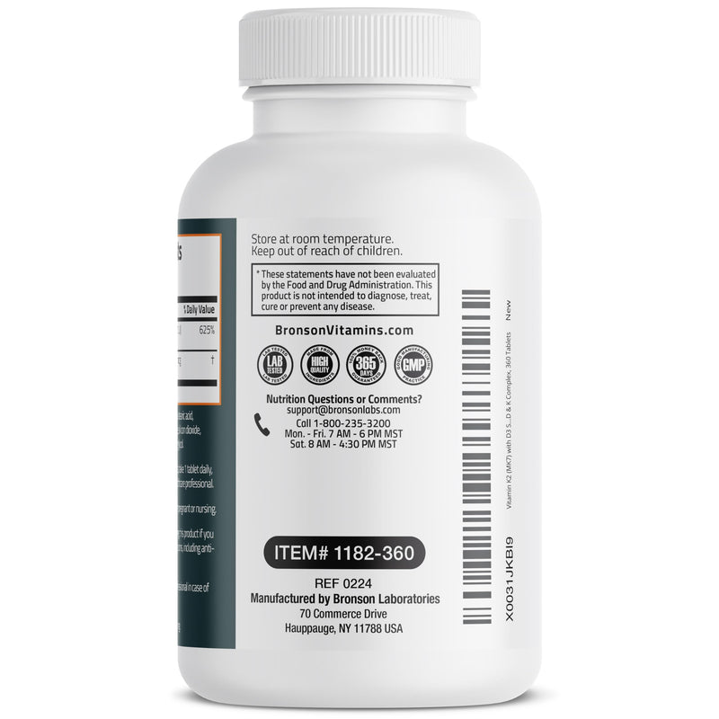 Bronson Vitamin K2 D3 (MK7) Supplement 2-in-1 D3 & K2 Complex, 360 Tablets | Bone, Immune & Heart Health Support, Gluten-Free, Soy-Free, Non-GMO, Vitamin D3 5000 IU (125 mcg) & 90 mcg K2 MK-7 360 Count (Pack of 1)