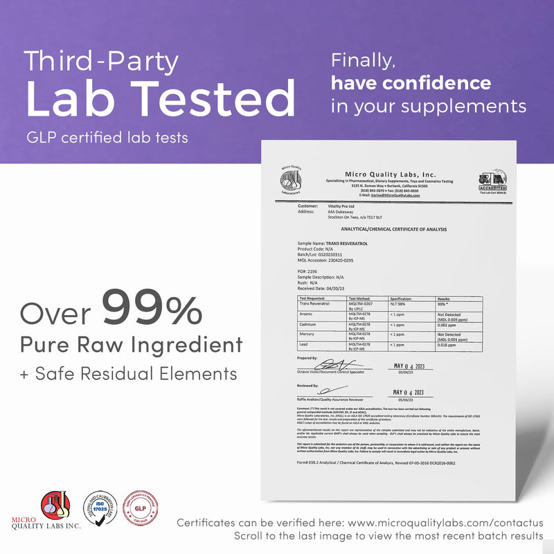 vP Vitality Pro Trans Resveratrol Micronised Powder 30 Grams - Third Party Tested Over 99% Purity - Natural Pure Trans Resveratrol Supplement 30g - Vitality Pro | Third Party Tested, Over 99% Purity, Natural Pure Trans Resveratrol Supplement 30 g