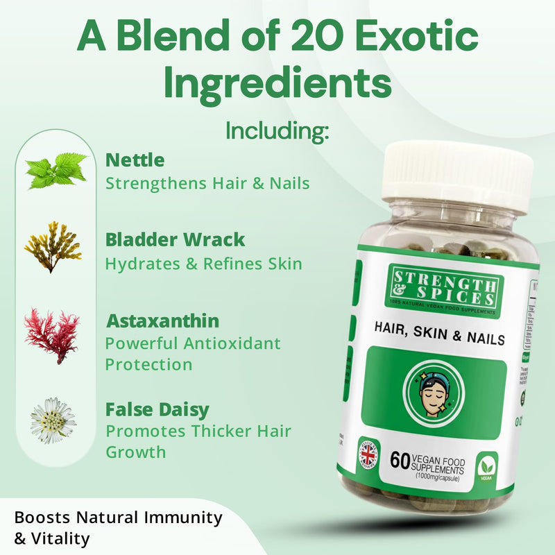 Strength & Spices Hair, Skin & Nails 100% Natural Supplement – 20 Ingredients w Biotin Selenium & Zinc - 60 Vegan UK Made 1000mg Capsules