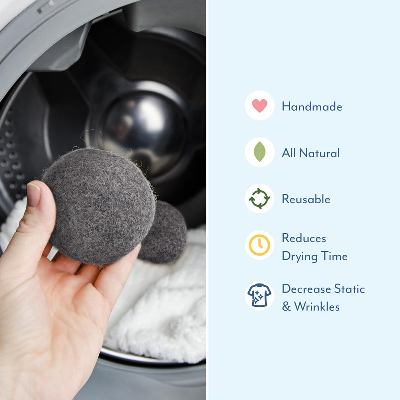 ELYN Wool Dryer Balls 6-Pack - XL, 100% New Zealand Wool, Reusable and Handmade. Fragrance-Free, Natural Fabric Softener, Reduce Wrinkles and Decrease Drying Time (Grey) Grey