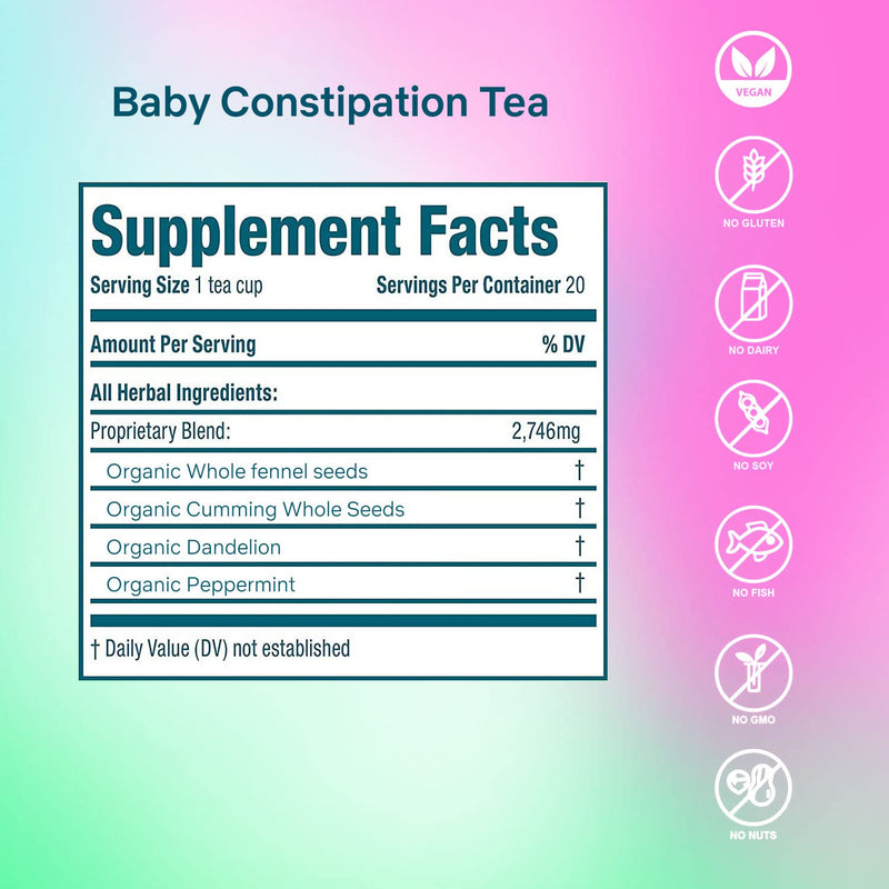 [Australia] - Secrets Of Tea Baby Constipation Relief Tea - Natural USDA Organic Caffeine Free - Tea for Baby Colic, Gas,and Acid Reflux - Up to 80 Servings -20 Count(1 Pack) 