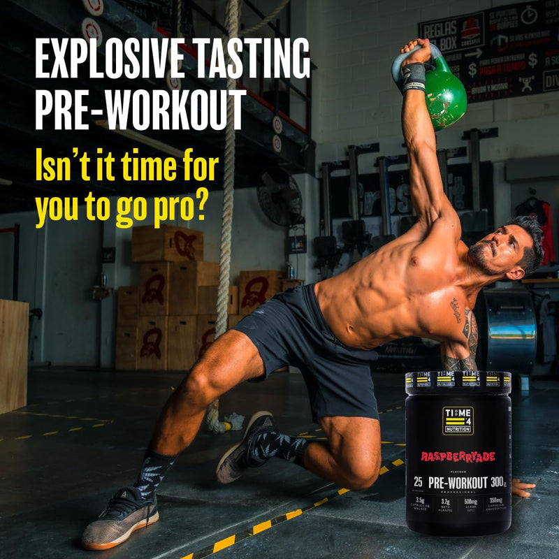 Time 4 Pre Workout Professional High Strength Vegan Pre Workout Powder for Men & Women Energy Drink Zero Sugar with L Citrulline Malate, Beta Alanine, L-Tyrosine, Alpha GPC, Theacrine (Raspberryade) Raspberryade