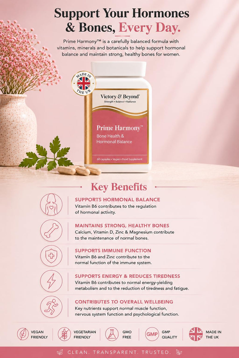 Victory & Beyond Prime Harmony – Bone Health & Women’s Wellness Support -Made in the UK – Calcium, Magnesium, Vitamin D & B6 with Sage & Soya Isoflavones Menopause Wellness Support - 60 Vegan Capsules