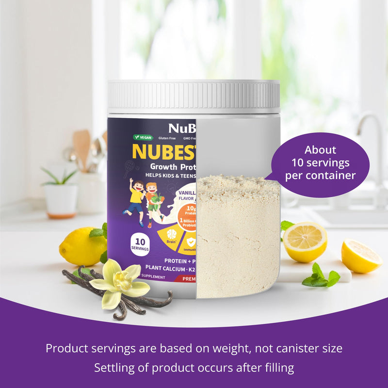 NuBest Tall Vanilla Plant-Based Protein Powder for Kids & Teens - Healthy & Immunity with Probiotics, Omega 3-6-9, Vitamin D3 + K2, Calcium & Vitamins - 10 Servings | 2 Week Supply 7.1 Ounce (Pack of 1)
