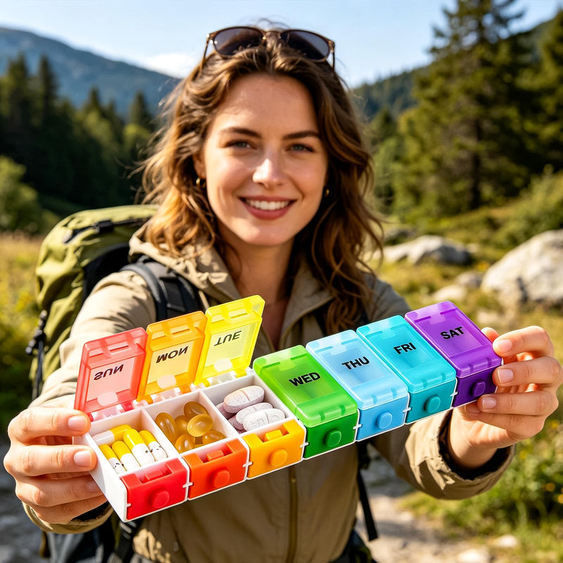 Rainbow 7 Day Pill Organizer Push Button for Vitamin Supplements Box | Weekly Pill Case,Container for Fish Oil Medicine,Travel Pill Holder,Easy for Arthritic Hand,BPA-Free Rainbow
