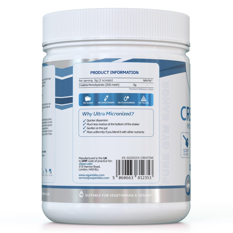 Creatine Monohydrate Powder 500g – Ultra Micronized 200 Mesh for Superior Absorption - Pure, Unflavoured Creatine Mono Powder - Vegan-Friendly & UK Made - 100 Servings of 5g