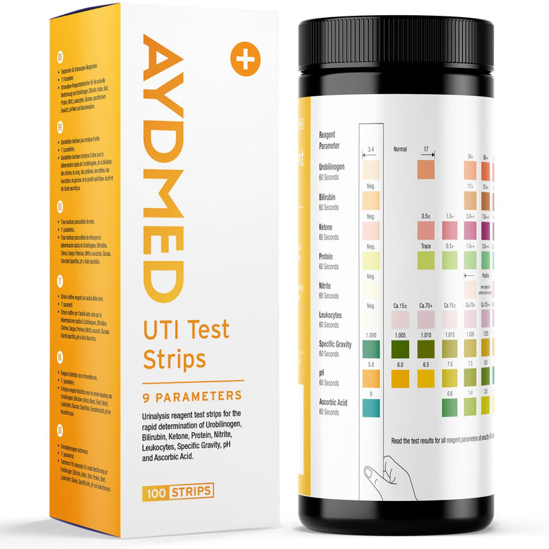 [Australia] - 100 x AYDMED 9-in-1 UTI Test Strips | 9 Parameter Urine Test Strips for Leukocytes, Nitrite, Specific Gravity, pH, Protein, Urobilinogen, Bilirubin, Ketone & Ascorbic Acid | FSA & HSA Eligible 