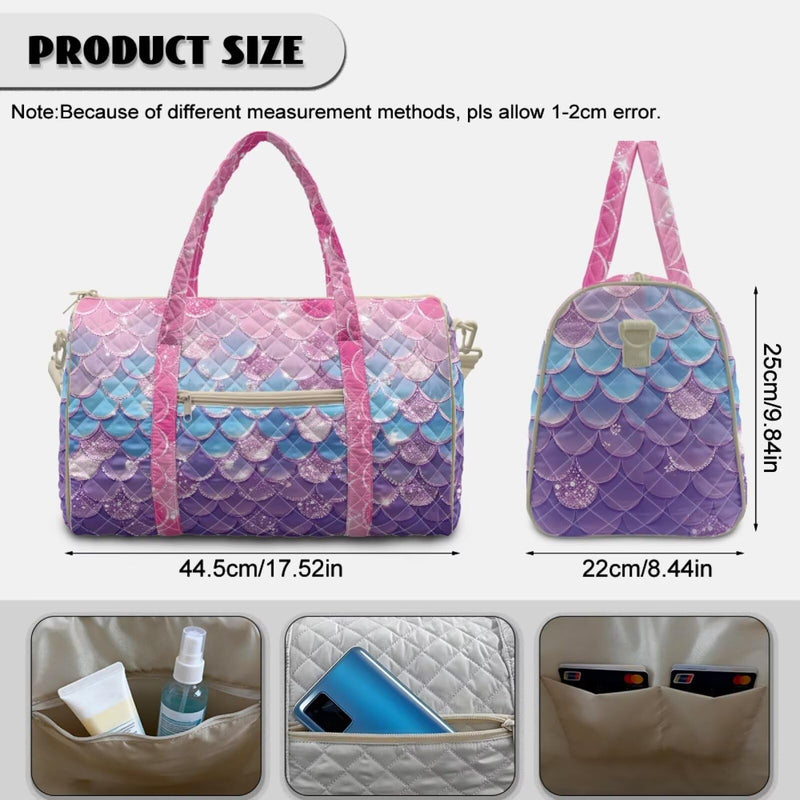 Mermaid Scale Print Large Travel Duffel Tote Bag for Women, Stylish Quilted Weekender Bag, Lightweight Carry On Luggage for Overnight and Travel Pink - Mermaid Scale