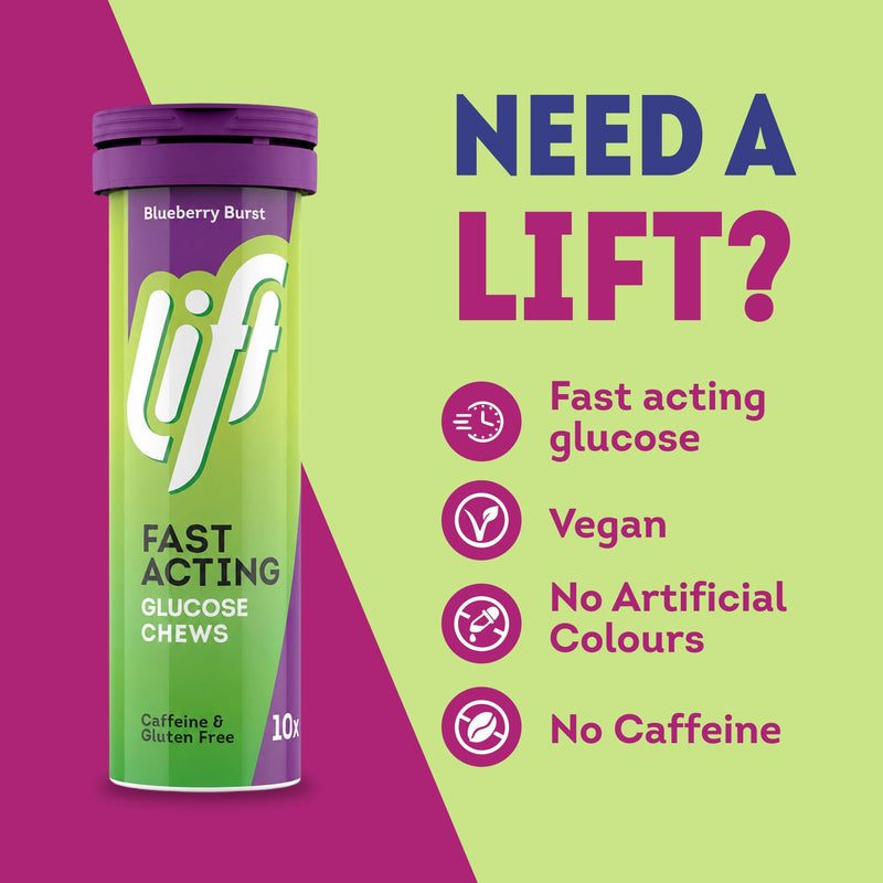 Lift | Fast-Acting Glucose Chewable Energy Tablets | Blueberry | 12 Pack of 10-Tablet Tubes 10 count (Pack of 12)