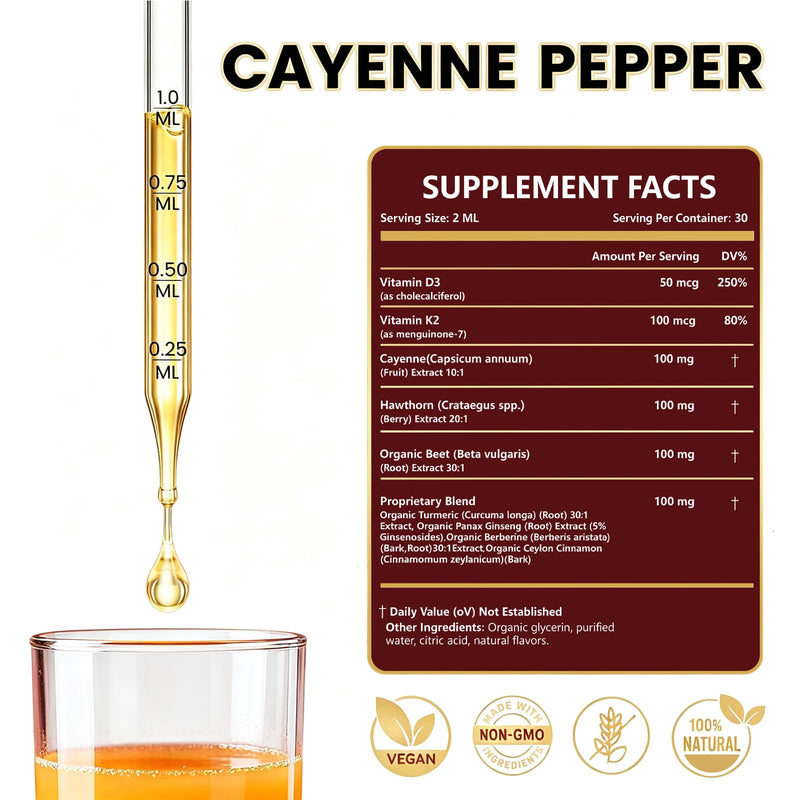 Cayenne Pepper Drops Supplement Liquid with Hawthorn Berry, Vitamin D3 K2, Turmeric Curcumin, Beet Root, Ceylon Cinnamon Vegan- Friendly - 60ml