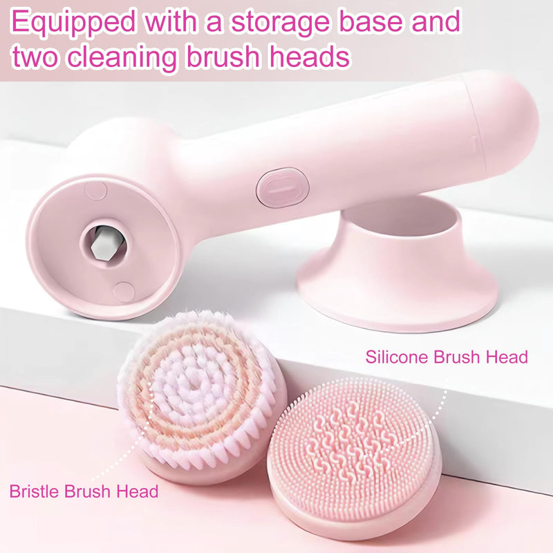 Electrical Facial Cleansing Brush, Multi-Function Face Wash Brush with Base and 2 Brush Heads, Portable Face Scrubber for Deep Skin Cleaning and Gentle Exfoliating (Pink) Pink