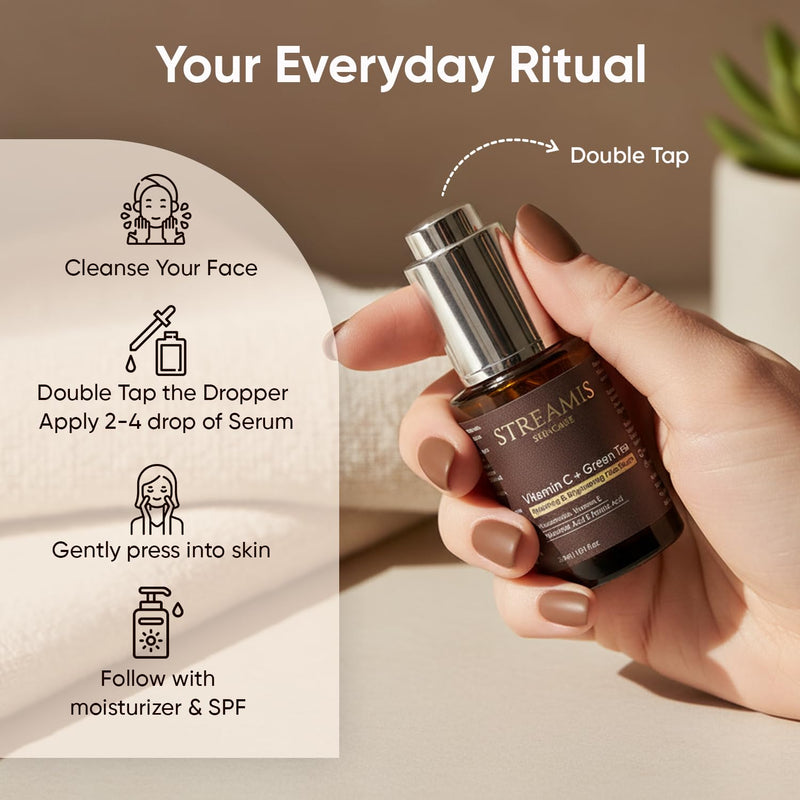 Streamis Skincare: Vitamin C + Green Tea Hydrating & Brightening Face Serum - With Niacinamide, Vitamin E, Hyaluronic Acid, Ferulic Acid & Powerful Botanical Extract Blend, Fragrance Free, 30ml.
