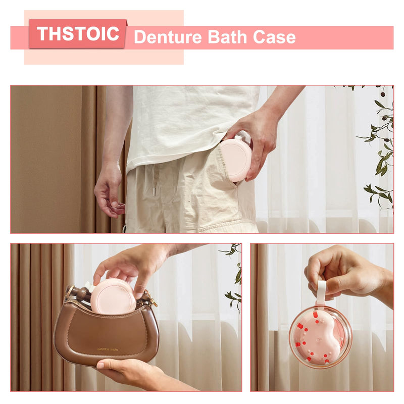 [Australia] - Denture Case & Cup, Travel Retainer Case with Mirror, No-Leak False Teeth Cleaning Container: Full & Partial Dentures Soaking, Denture Bath Holder for Mouth Guards, Braces, Aligners (Pink) Pink 
