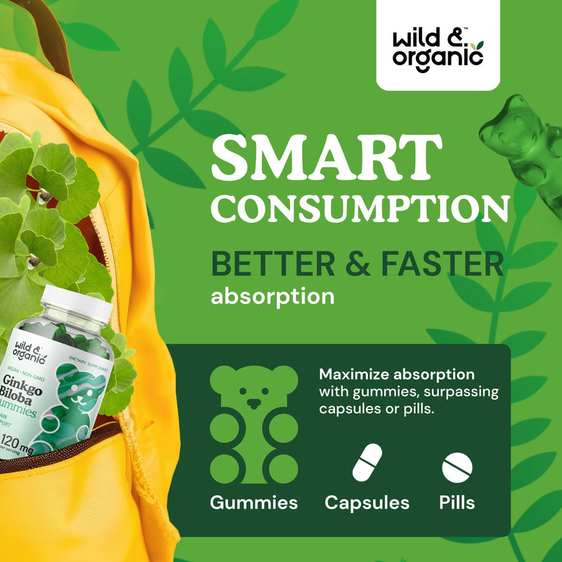 [Australia] - Wild & Organic Ginkgo Biloba Gummies 120mg - Brain Supplement Gummy for Mood & Focus - Energy Herbal Supplements - Vegan Non-GMO - 60 Chews 