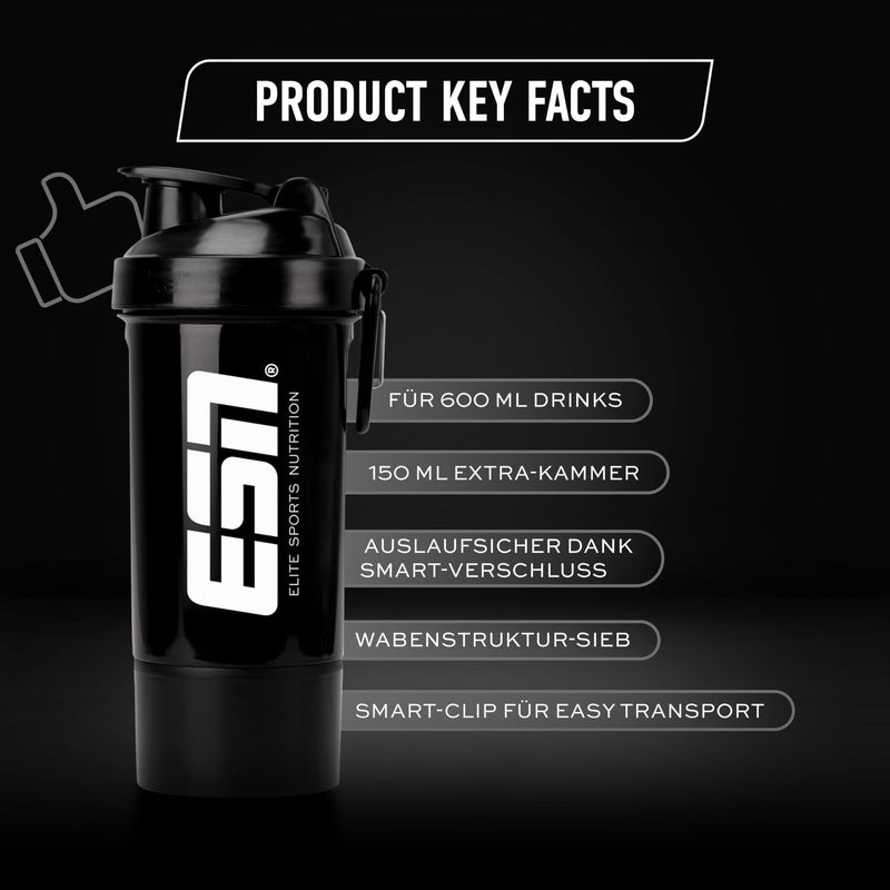 [Australia] - ESN Shaker, Black, 600 ml, leak protection thanks to secure smart closure, free from BPA & DEHP, tested quality 