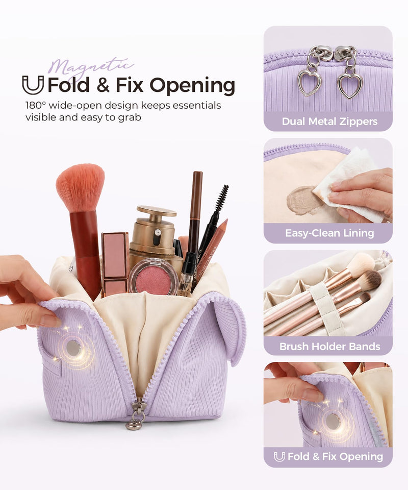 Makeup Bag Set for Women, 2 Pcs Corduroy Travel Cosmetic Organizer, Detachable Clear Pouch and Shell Shape Case, Waterproof Toiletry Storage for Beauty Essentials, Purple