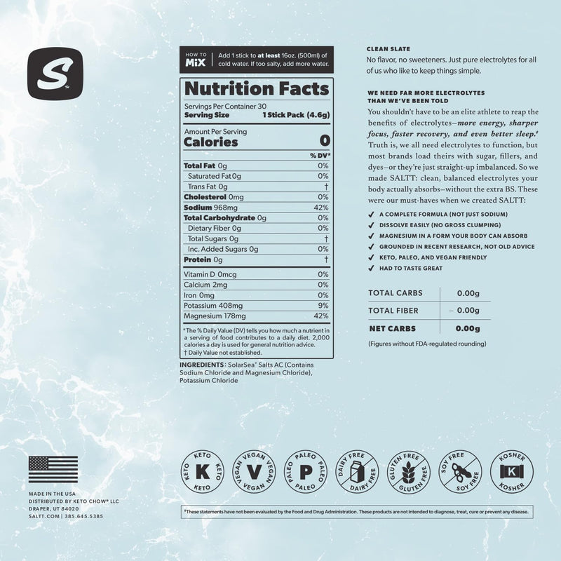 [Australia] - Keto Chow SALTT Electrolytes Powder Packets, Clean Slate Unflavored (30 Hydration Packets) - Magnesium, Potassium, Sodium, Trace Minerals - Vegan, Gluten Free - Travel Essentials - Made in USA Clean Slate (Unflavored) 