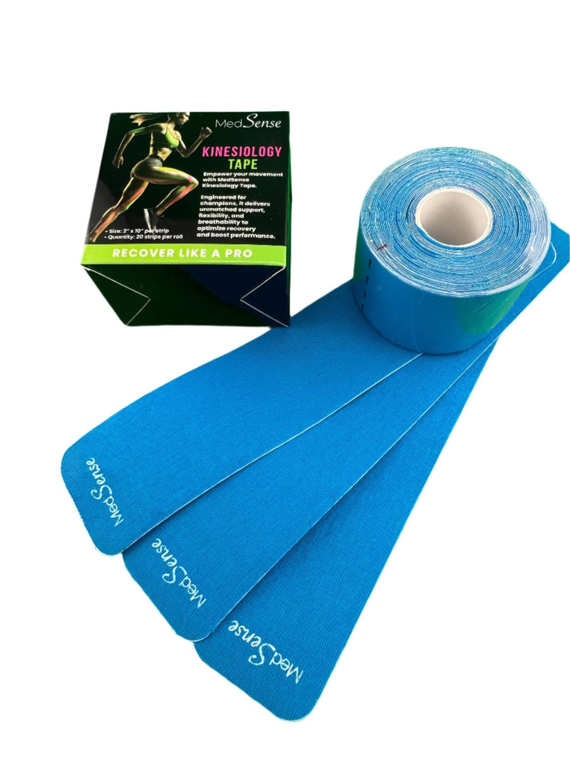MedSense Kinesiology Athletic Tape, Blue, 2 Inch x 10 Feet Roll, Pre-Cut Strips, Professional Recovery Support for Sports, 20 Strips