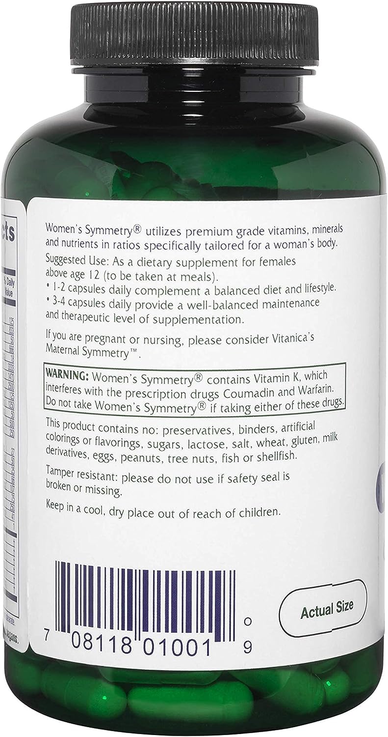 Vitanica Women's Symmetry, High Potency Daily Multivitamin, Vegan/Vegetarian, 180 Capsules Unflavored 180 Count (Pack of 1)